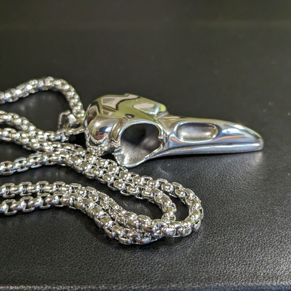 Raven Skull Necklace Stainless Steel Goth Grunge Punk - Picture 3 of 5